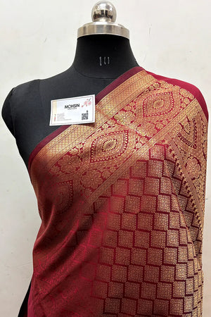 Maroon Zari Semi Katan Silk Banarasi Saree
