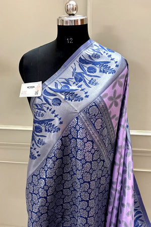 Mauve and Navy Blue Resham Zari Banarasi Silk Saree