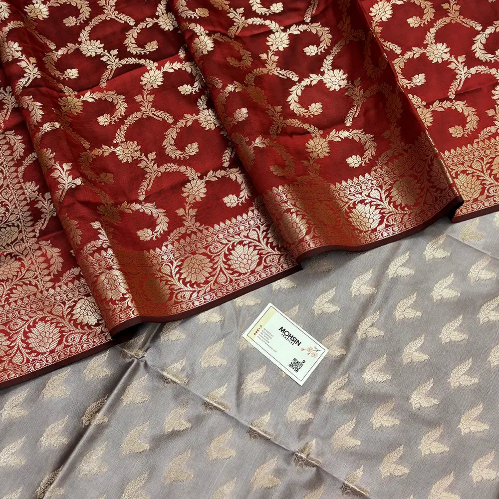 Mauve and Red Semi Katan Silk Banarasi Suit