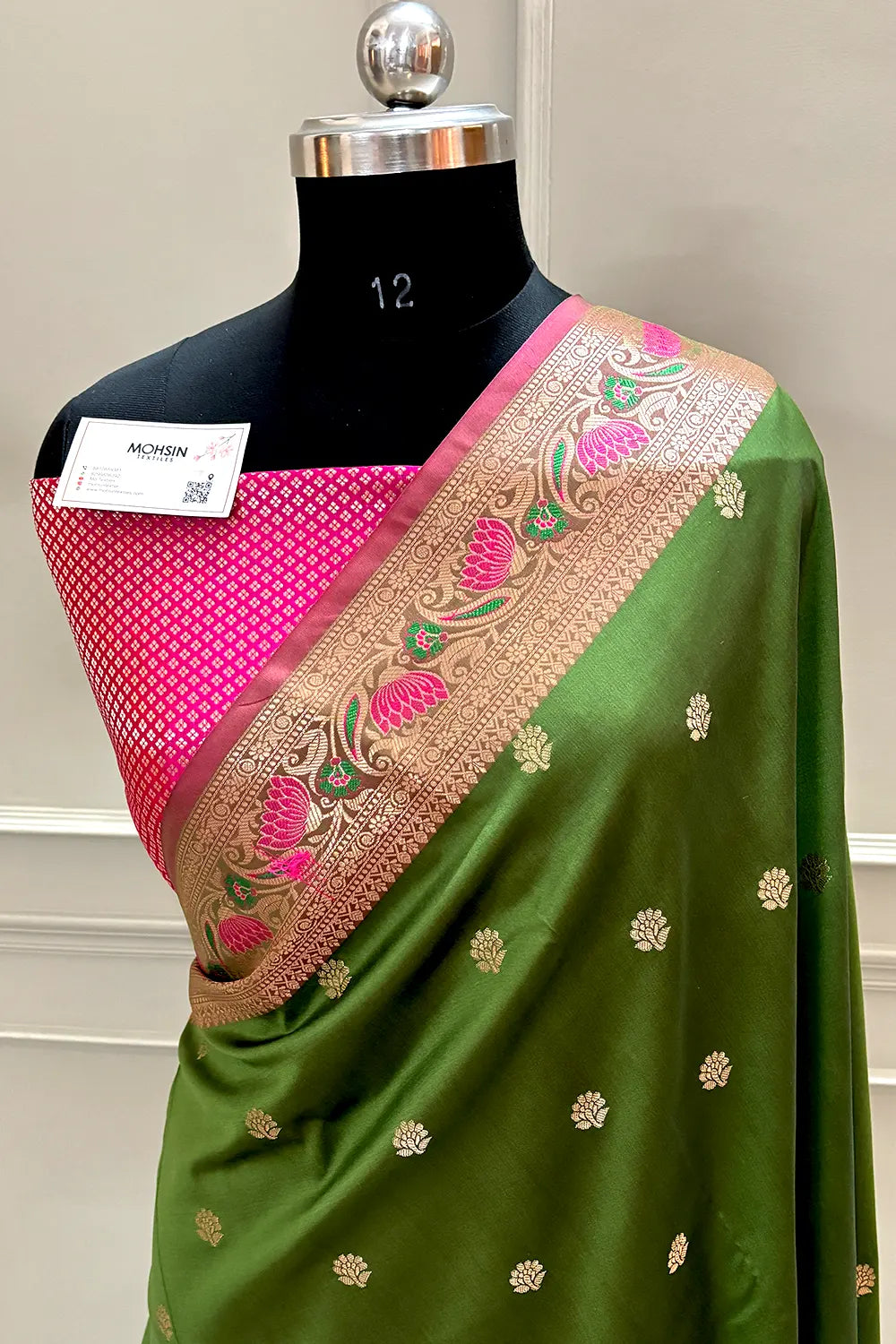 Mehendi and Pink Buti Banarasi Silk Saree