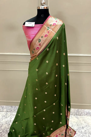 Mehendi and Pink Buti Banarasi Silk Saree