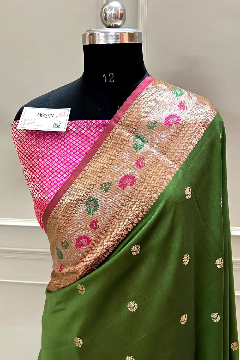 Mehendi and Pink Buti Banarasi Silk Saree
