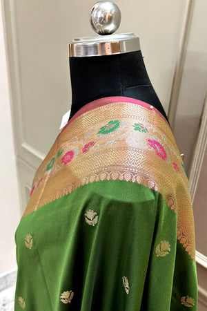 Mehendi and Pink Buti Banarasi Silk Saree