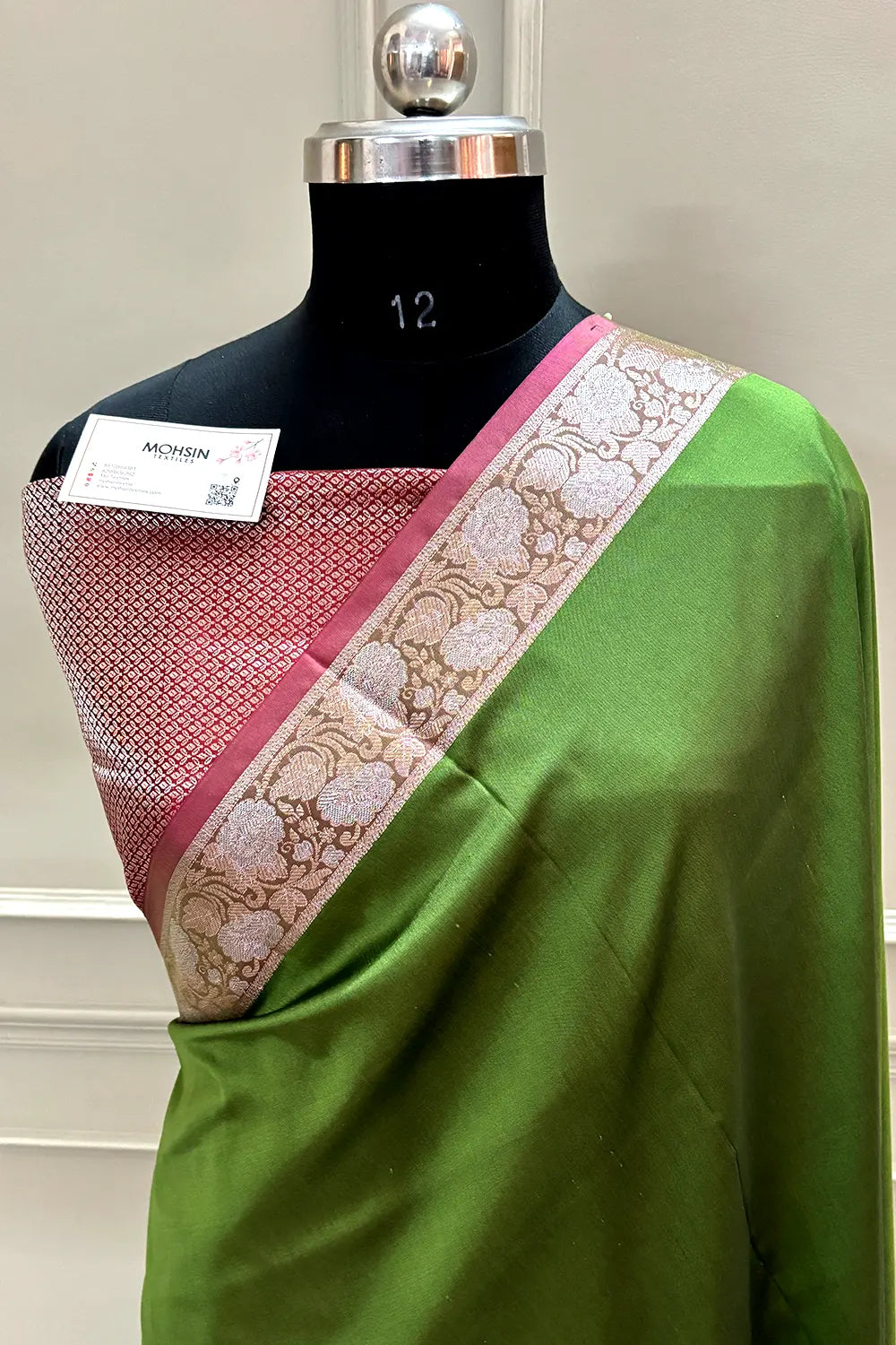 Mehendi and Pink Plain Banarasi Silk Saree