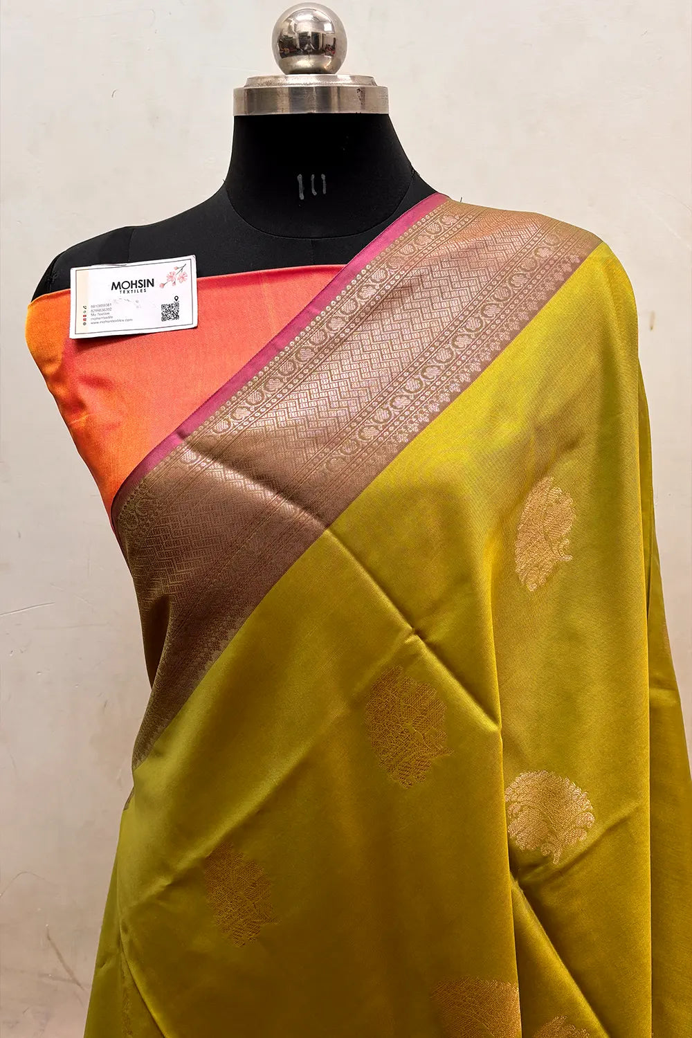 Mehendi and Pink Zari Semi Katan Silk Banarasi Saree