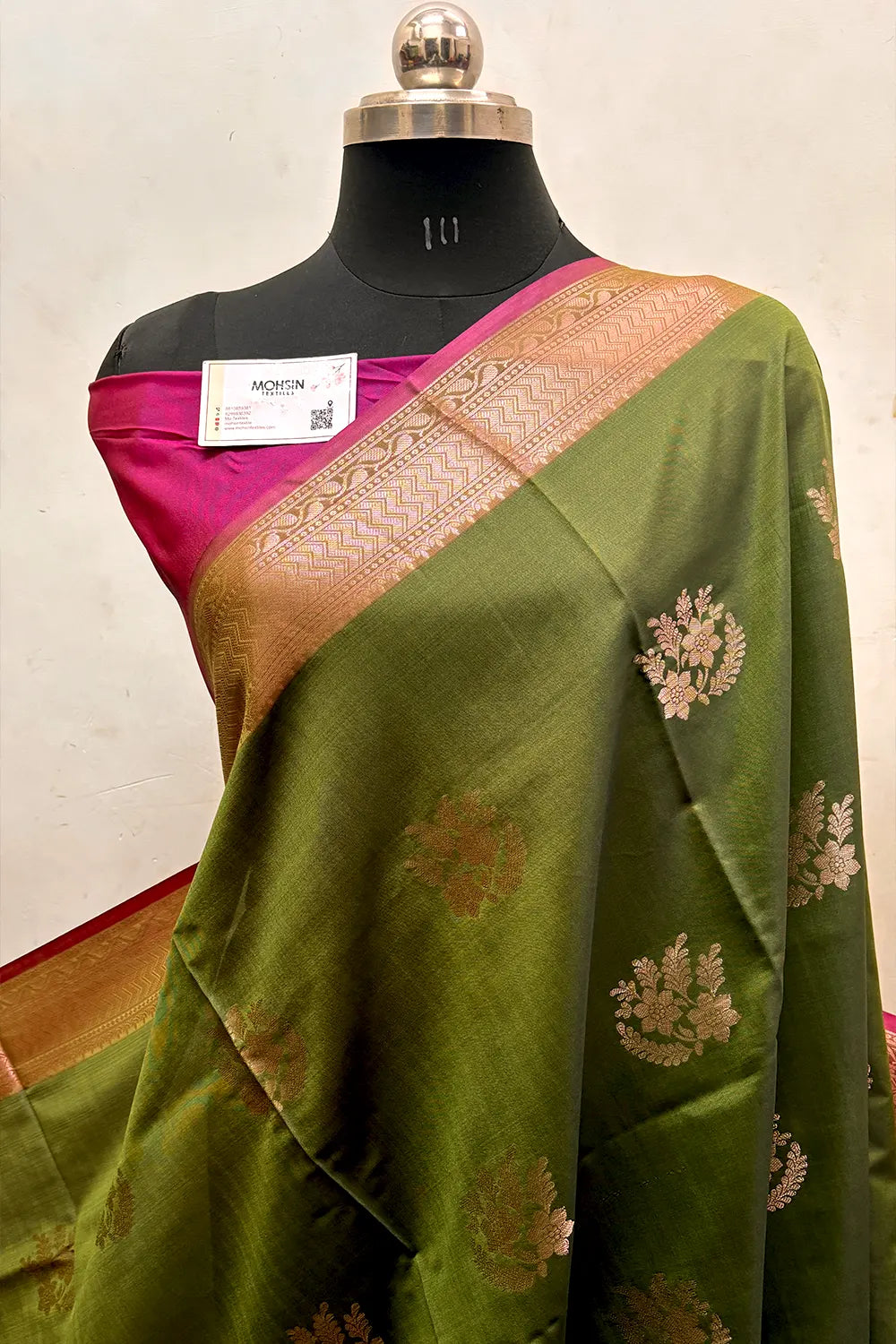 Mehendi and Pink Zari Semi Katan Silk Banarasi Saree