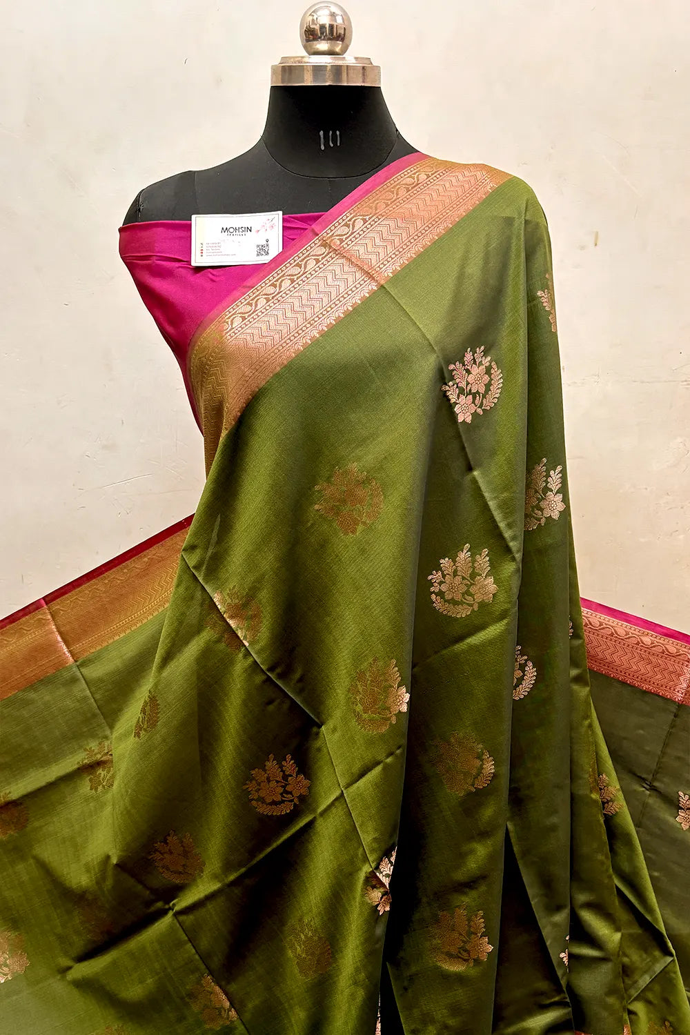 Mehendi and Pink Zari Semi Katan Silk Banarasi Saree