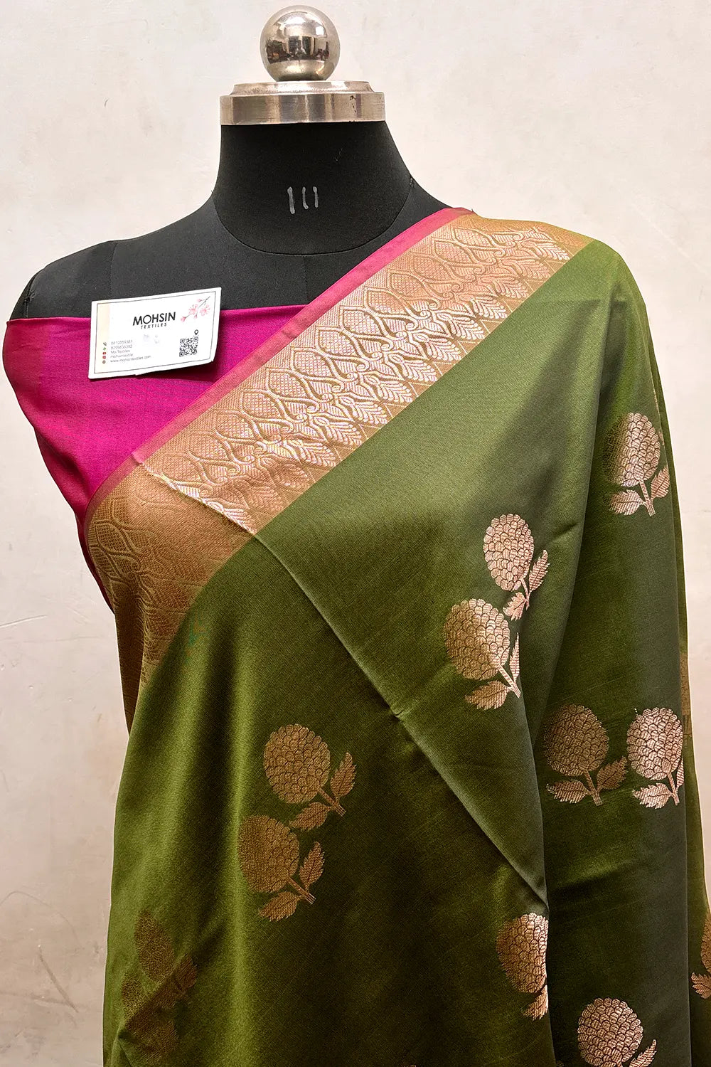 Mehendi and Pink Zari Semi Katan Silk Banarasi Saree