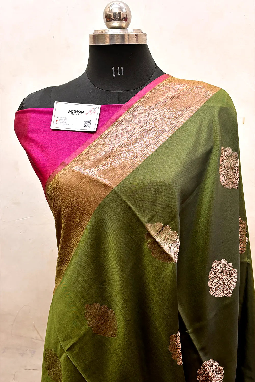 Mehendi and Pink Zari Semi Katan Silk Banarasi Saree
