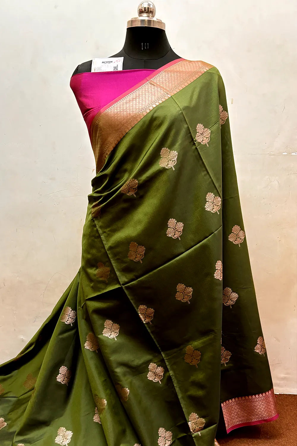 Mehendi and Pink Zari Semi Katan Silk Banarasi Saree