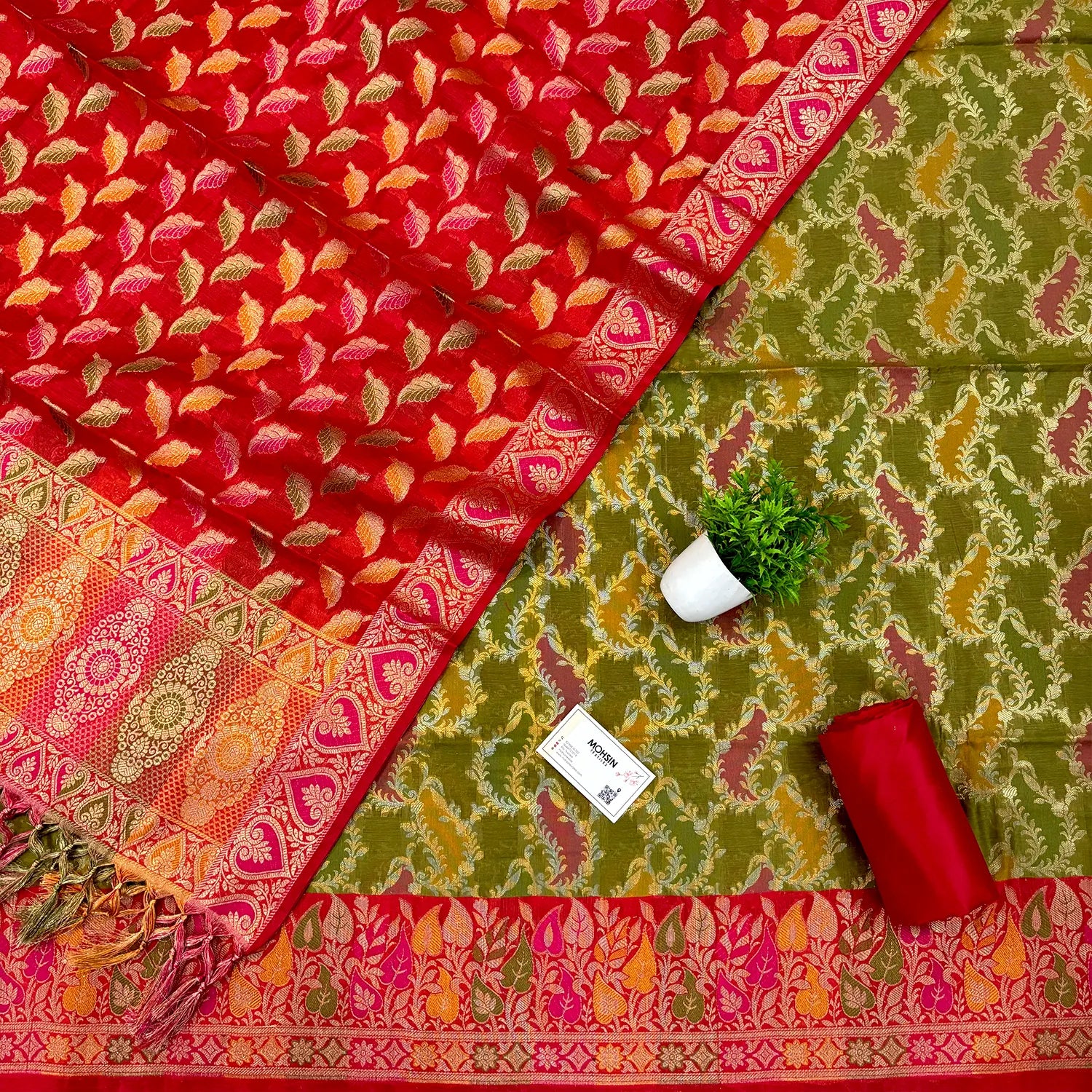 Mehendi and Red Resham Banarasi Silk Suit