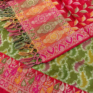 Mehendi and Red Resham Banarasi Silk Suit