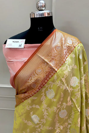 Pista and Red Zari Banarasi Silk Saree