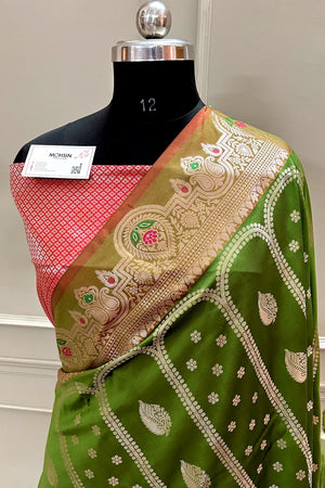 Mehendi and Red Zari Banarasi Silk Saree