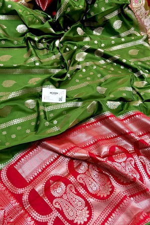 Mehendi and Red Zari Banarasi Silk Saree