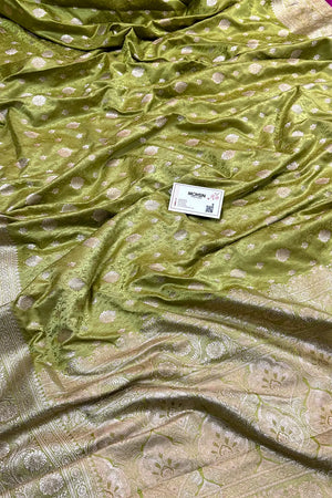 Mehendi Chunni Munni Buti Katan Silk Banarasi Saree