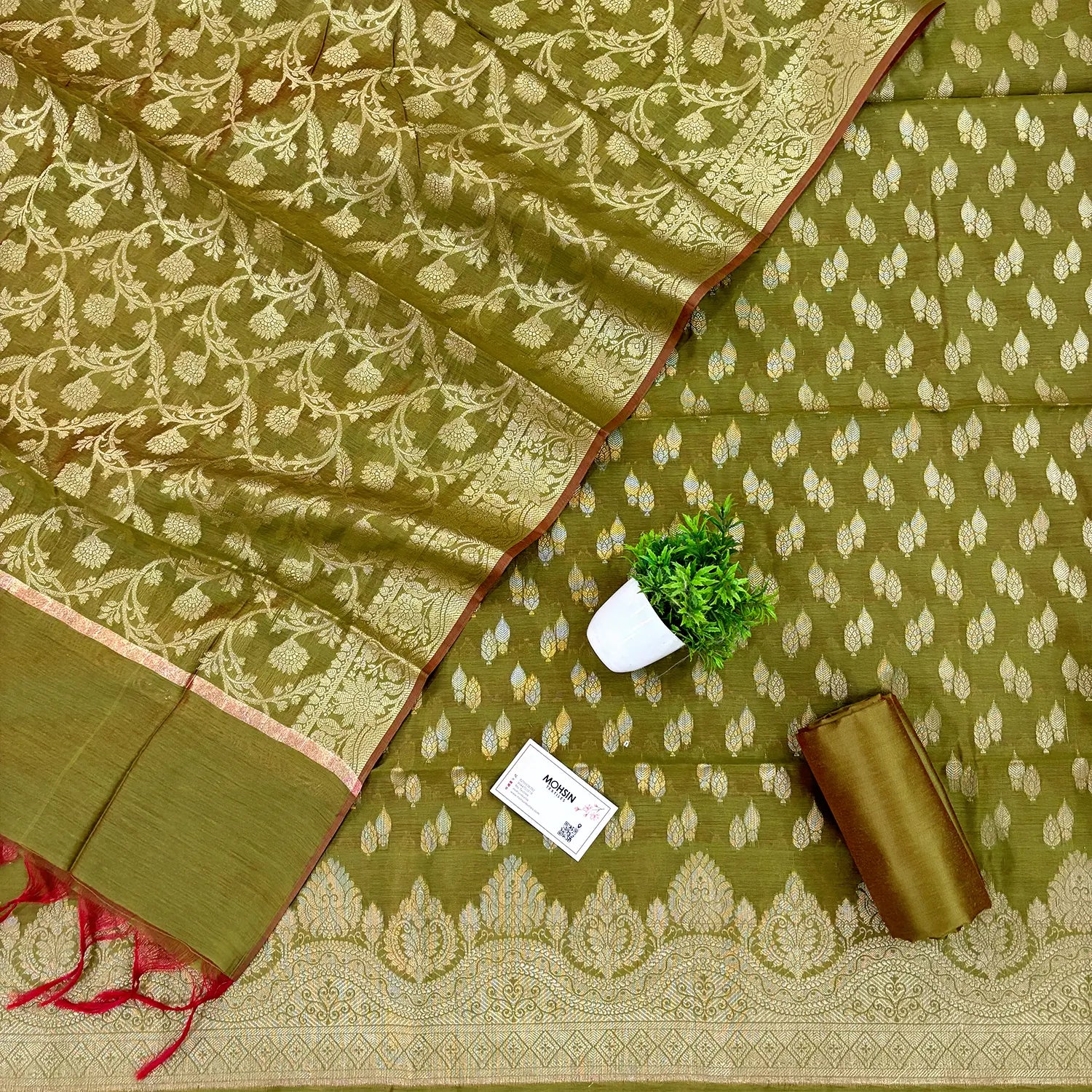 Mehendi Golden Zari Banarasi Silk Suit