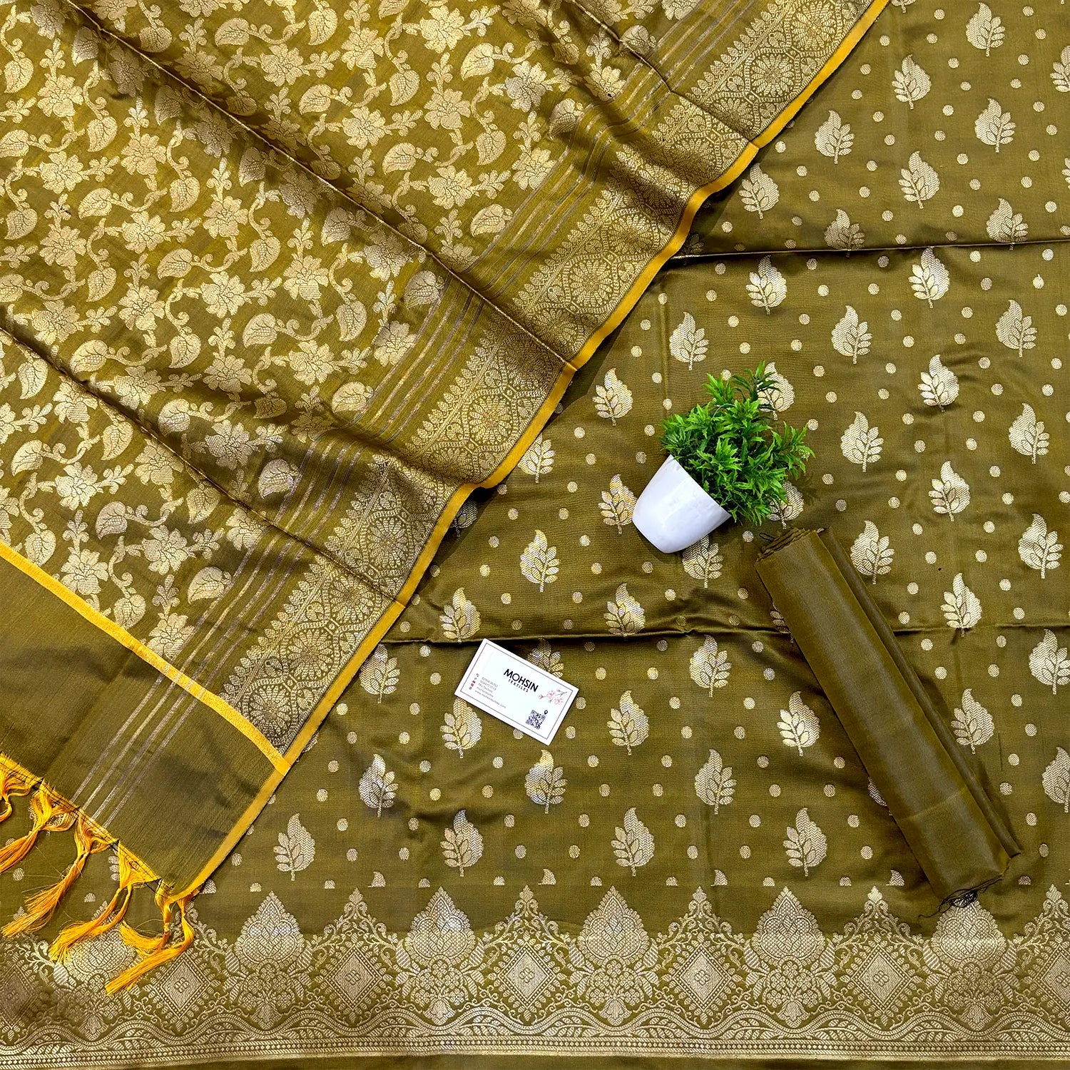 Mehendi Pankh Buti Satin Silk Banarasi Suit