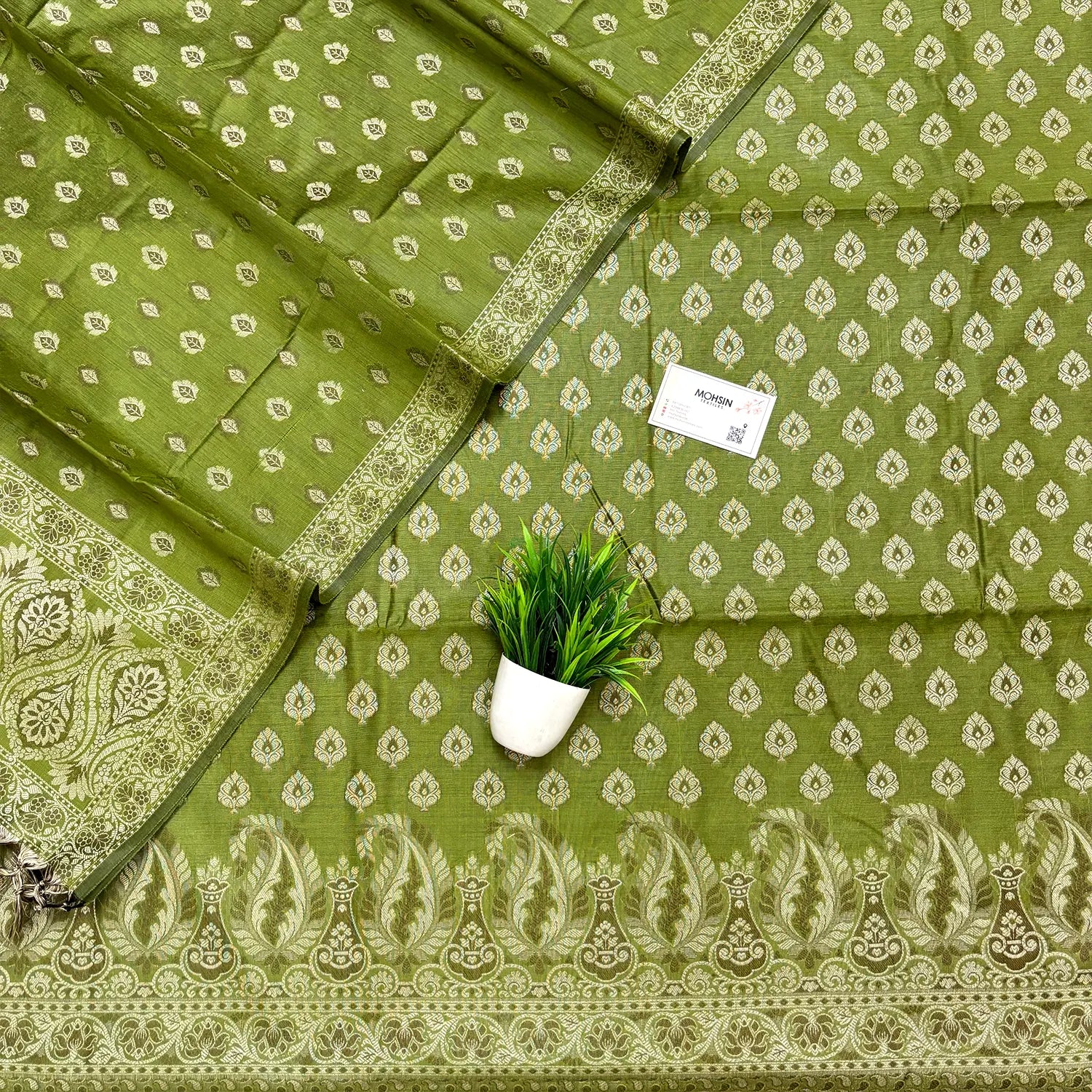 Mehendi Surahi Paan Cotton Silk Banarasi Suit