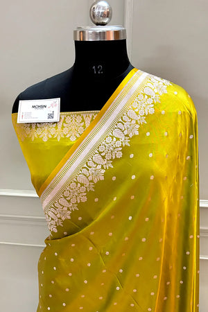 Mehendi Yellow Hawahawai Buti Katan Silk Banarasi Saree