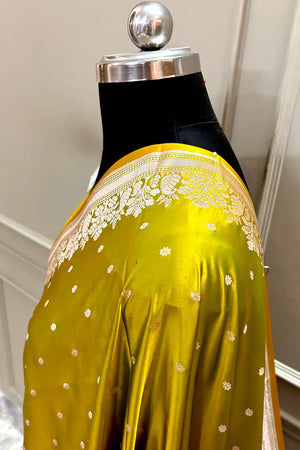 Mehendi Yellow Hawahawai Buti Katan Silk Banarasi Saree