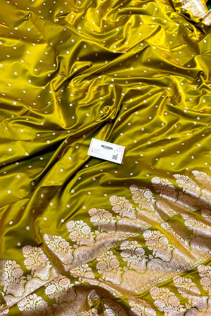 Mehendi Yellow Hawahawai Buti Katan Silk Banarasi Saree