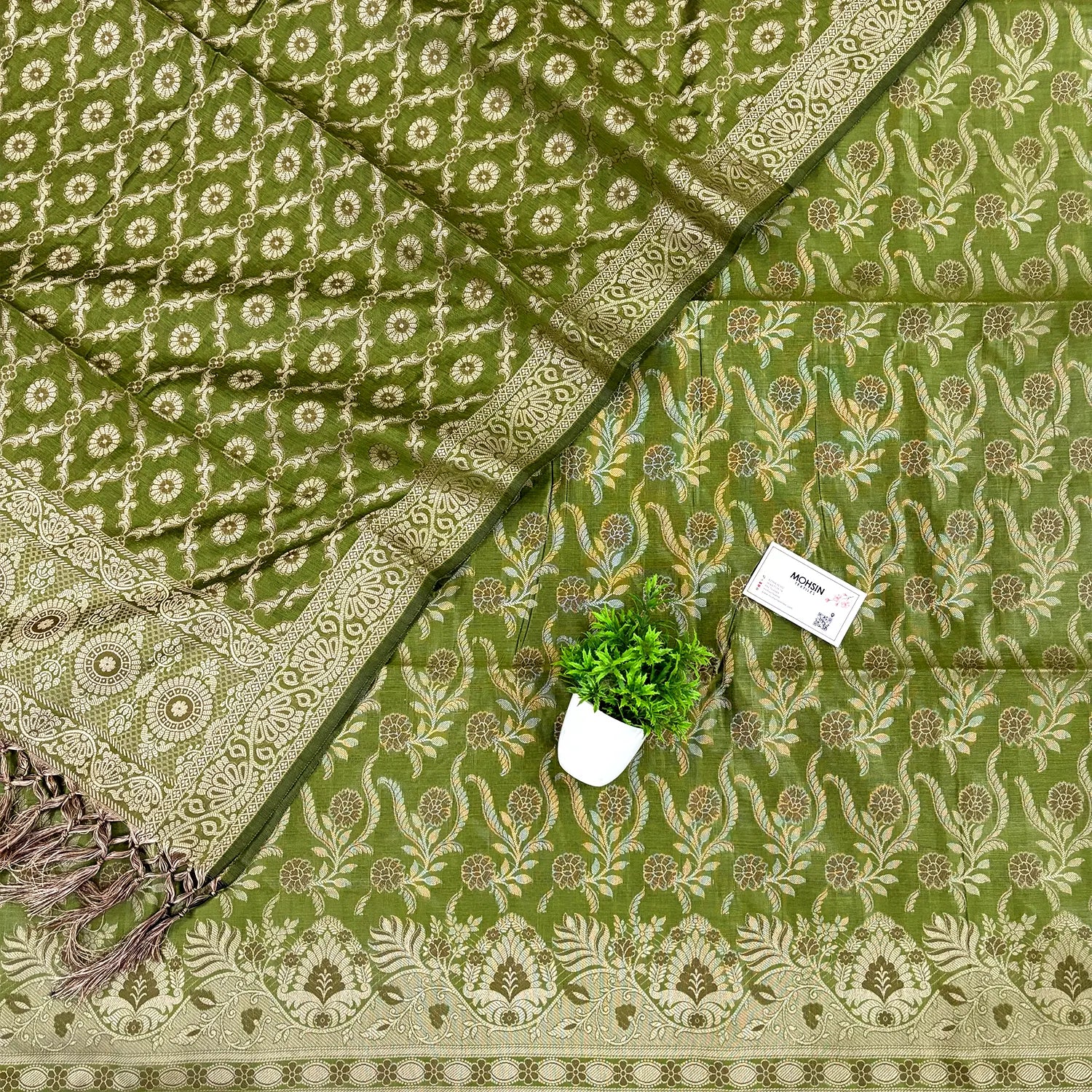 Mehendi Yoga Jaal Cotton Silk Banarasi Suit