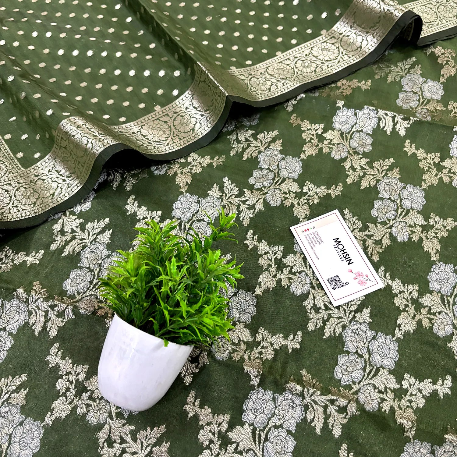 Mehendi Zari Katan Silk Banarasi Suit