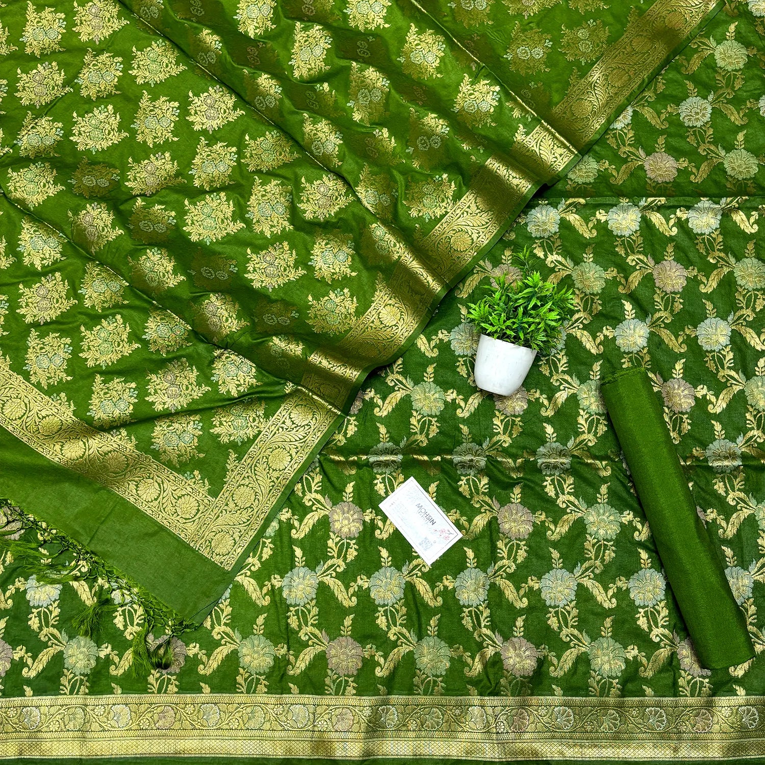 Mehendi Zari Katan Silk Banarasi Suit
