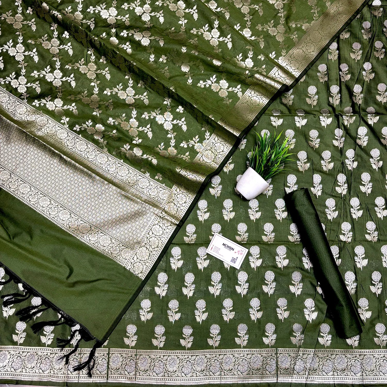 Mehendi Zari Katan Silk Banarasi Suit