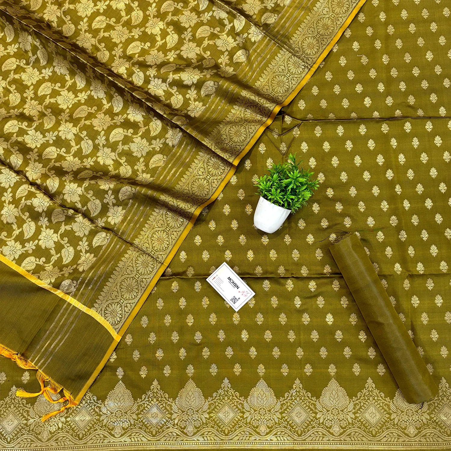 Mehendi Zari Satin Silk Banarasi Suit