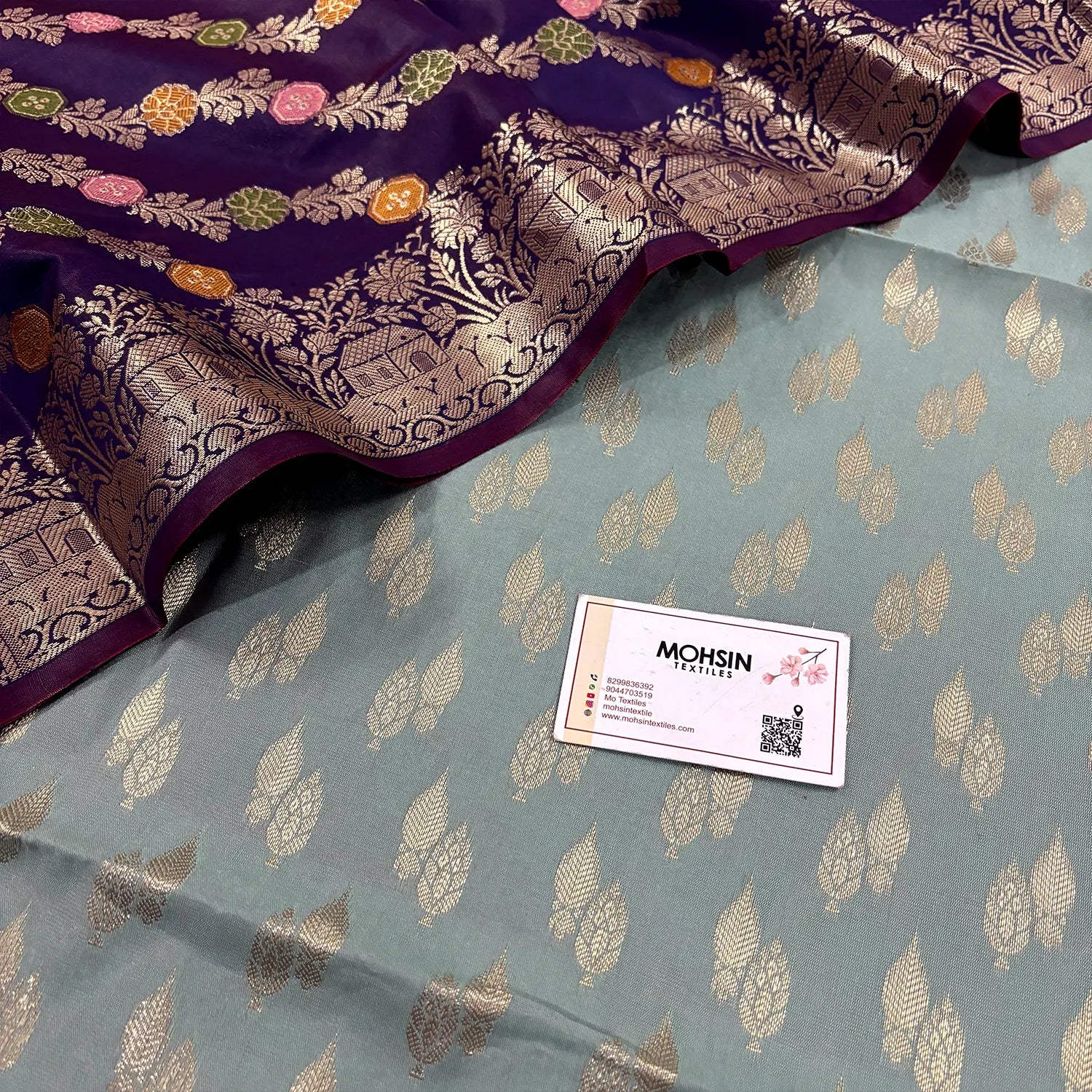 Mint and Navy Auda Persian Lau Banarasi Silk Suit