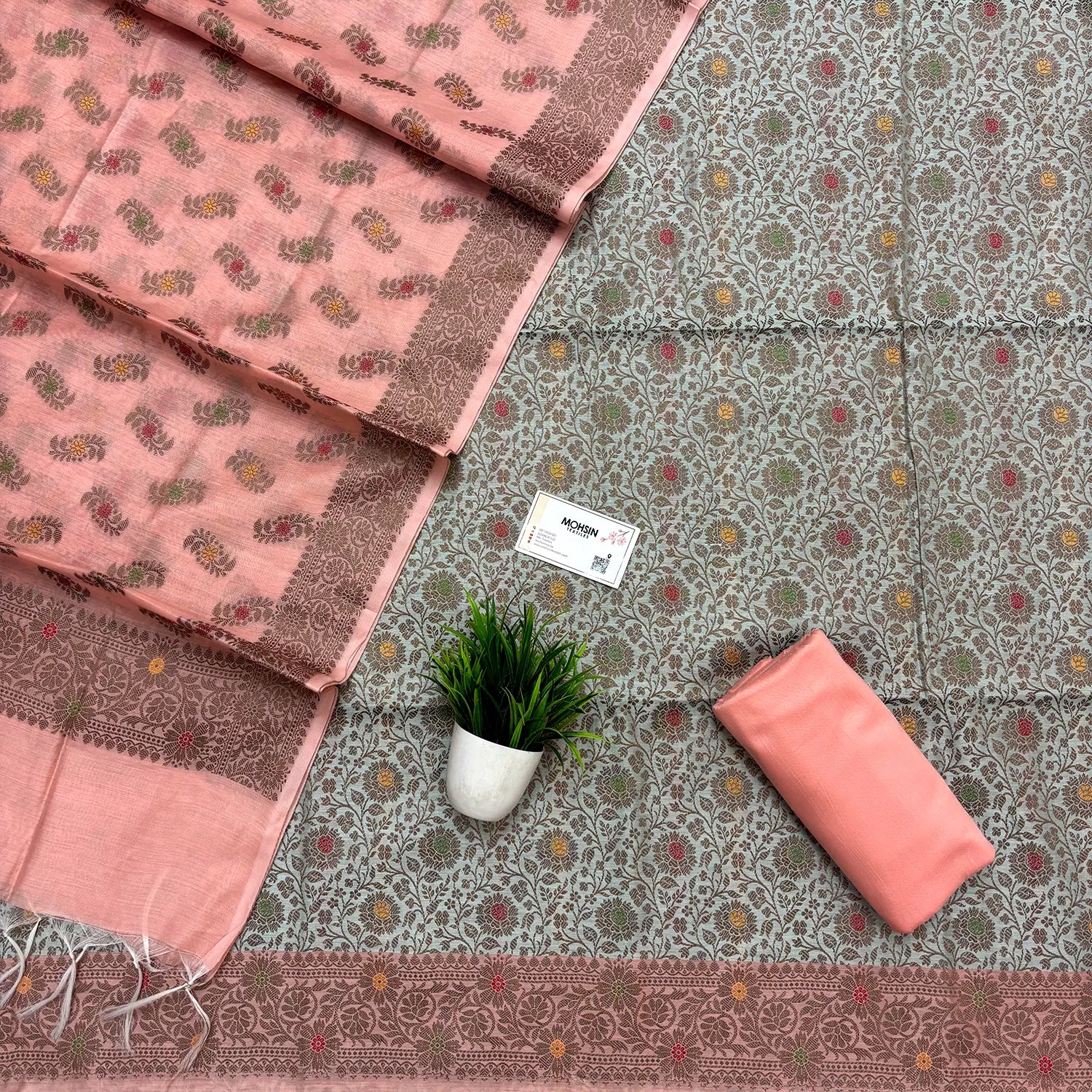 Mint and Peach Resham Banarasi Silk Suit