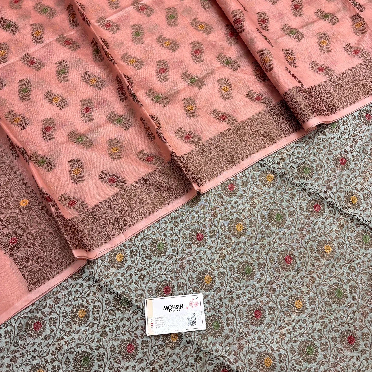 Mint and Peach Resham Banarasi Silk Suit