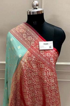 Mint and Red Ghonga Buti Katan Silk Banarasi Saree