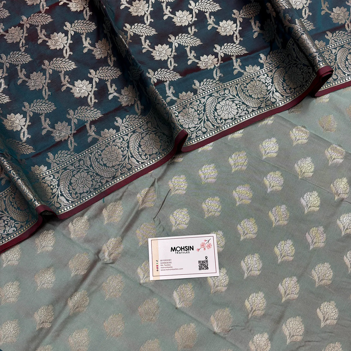 Mint and Teal Ghat Buti Semi Katan Silk Banarasi Suit