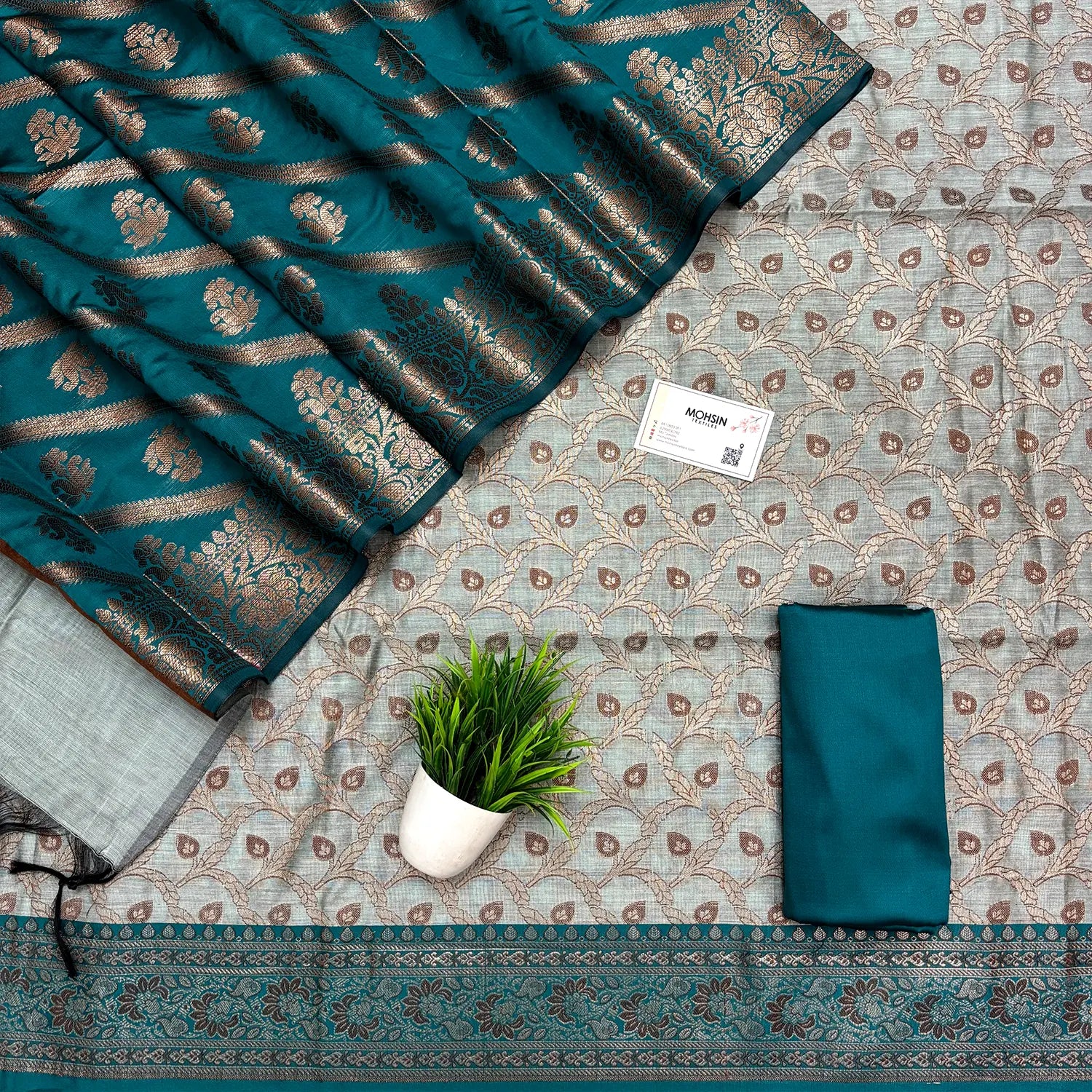 Mint and Teal Patti Jaal Banarasi Silk Suit