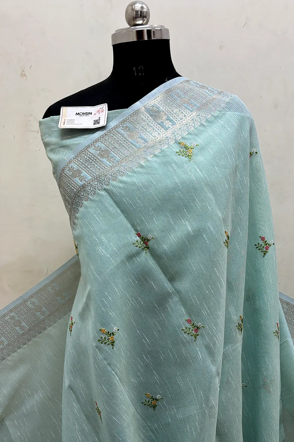 Mint Embroidery Lilen Silk Banarasi Saree