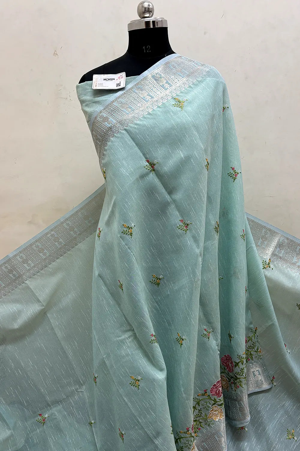 Mint Embroidery Lilen Silk Banarasi Saree