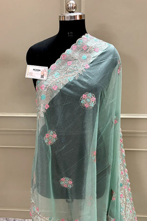 Mint Green Embroidery Swarovski Brasso Net Saree