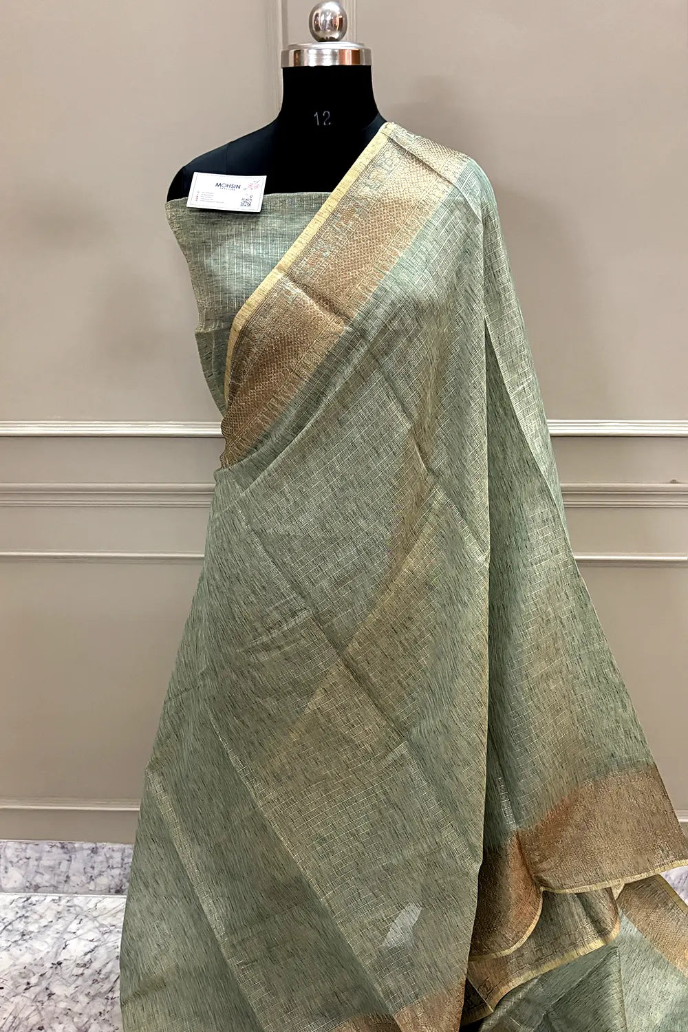 Mint Green Linen Silk Banarasi Saree