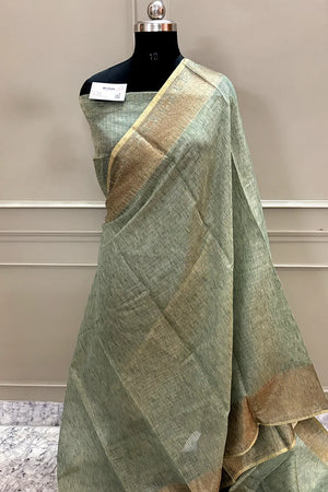 Mint Green Linen Silk Banarasi Saree