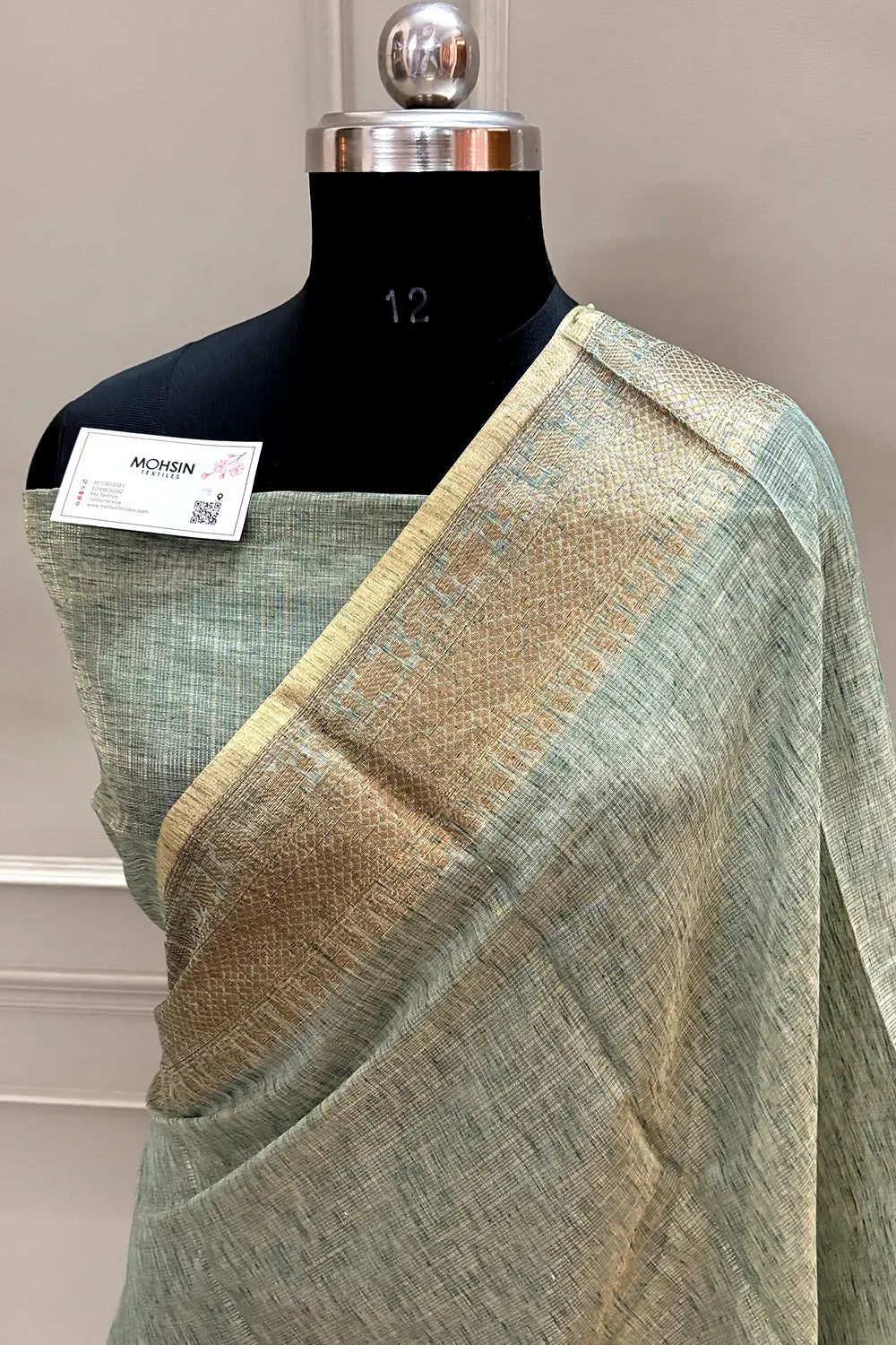 Mint Green Linen Silk Banarasi Saree