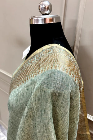 Mint Green Linen Silk Banarasi Saree
