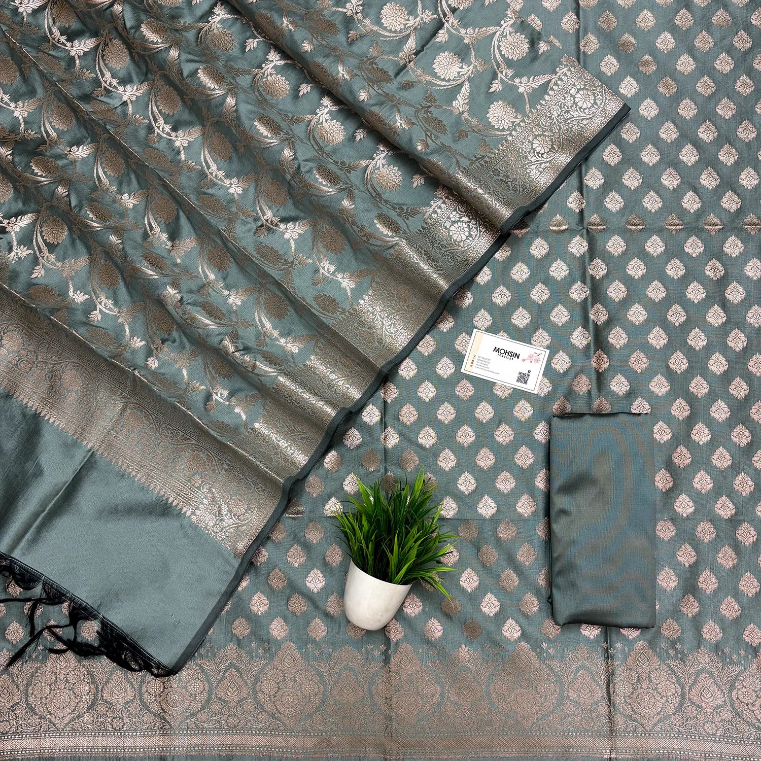 Mint Green Singhasan Buti Semi Katan Silk Banarasi Suit