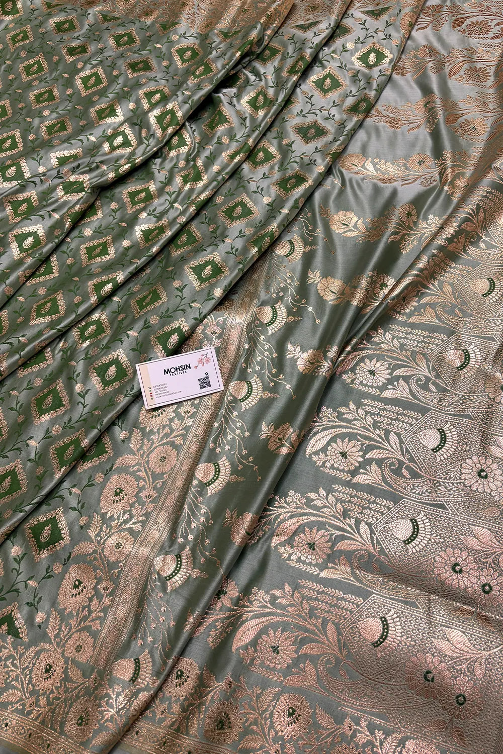Mint Heera Jaal Katan Mashru Silk Banarasi Saree