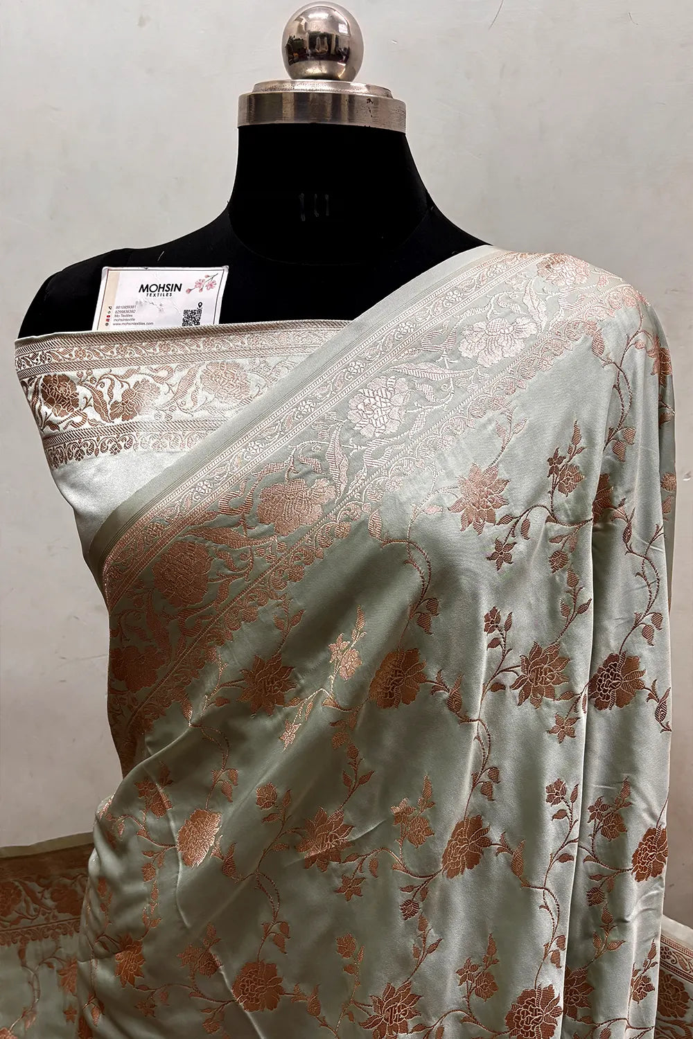 Mint Kesari Jaal Katan Silk Banarasi Saree
