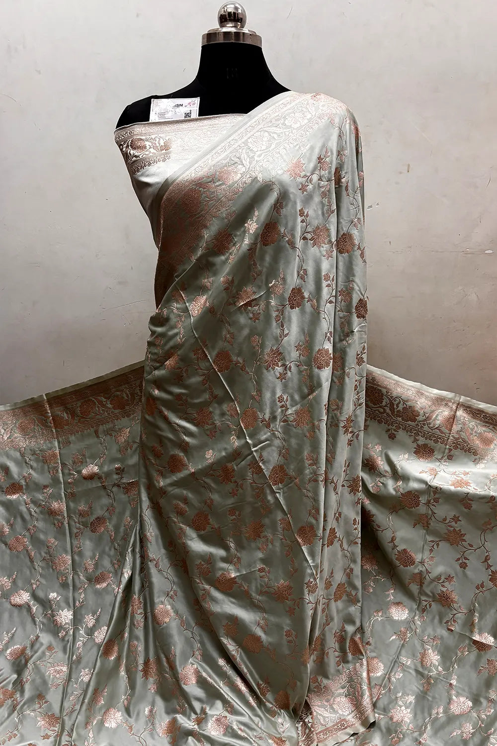 Mint Kesari Jaal Katan Silk Banarasi Saree