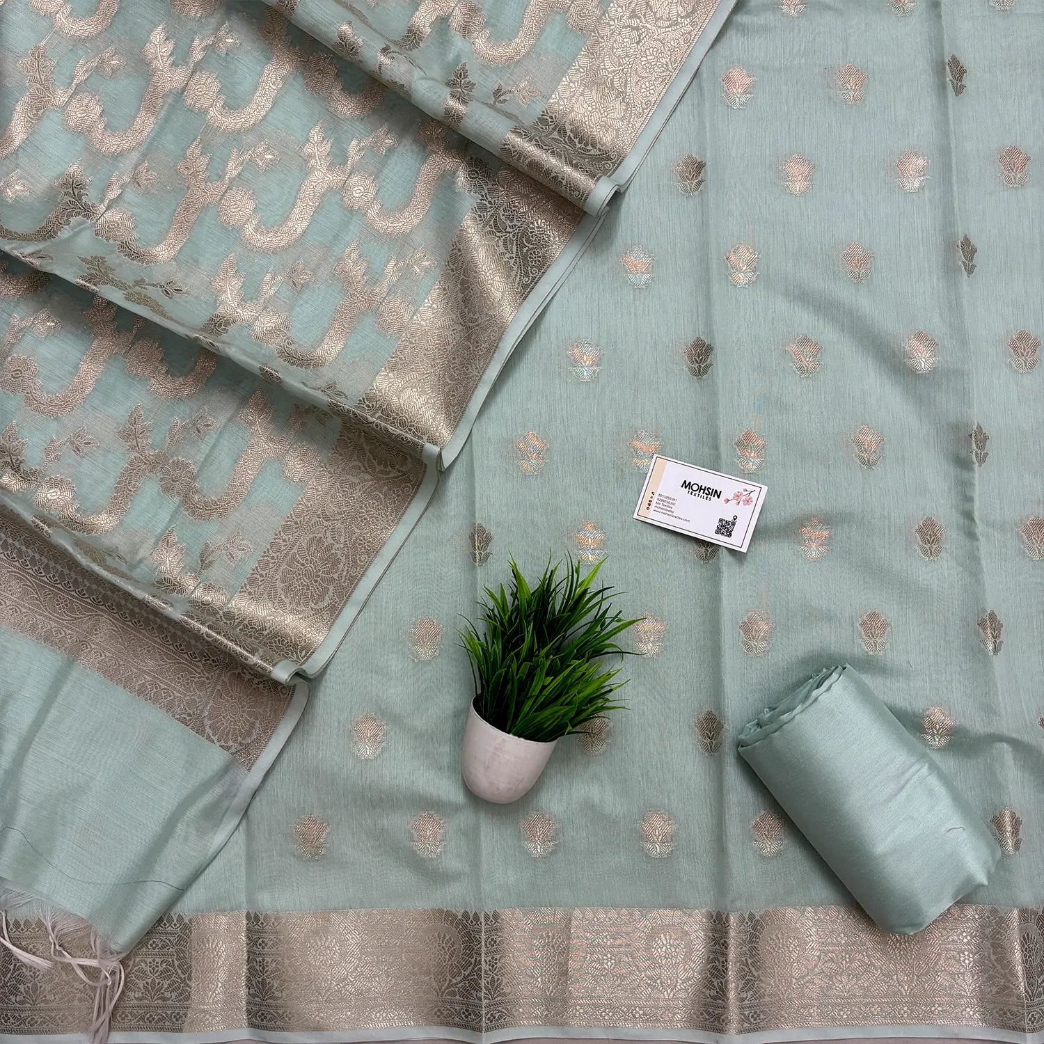 Mint Resham Banarasi Silk Suit