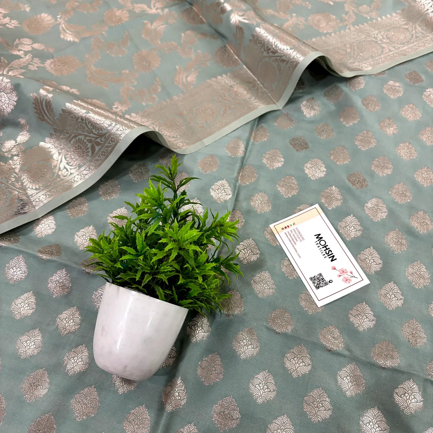 Mint Singhasan Buti Satin Silk Banarasi Suit